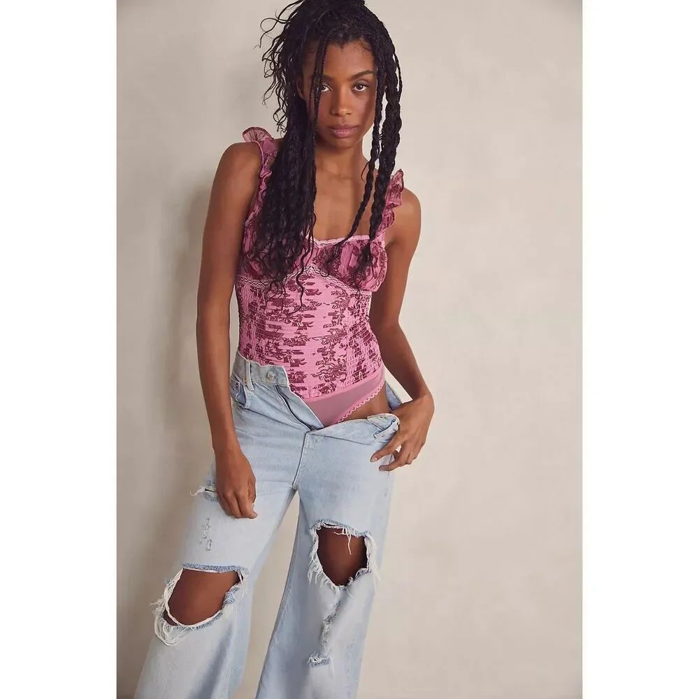FREE PEOPLE Weekend Plans Pink Smocked Floral Ruffle Bodysuit